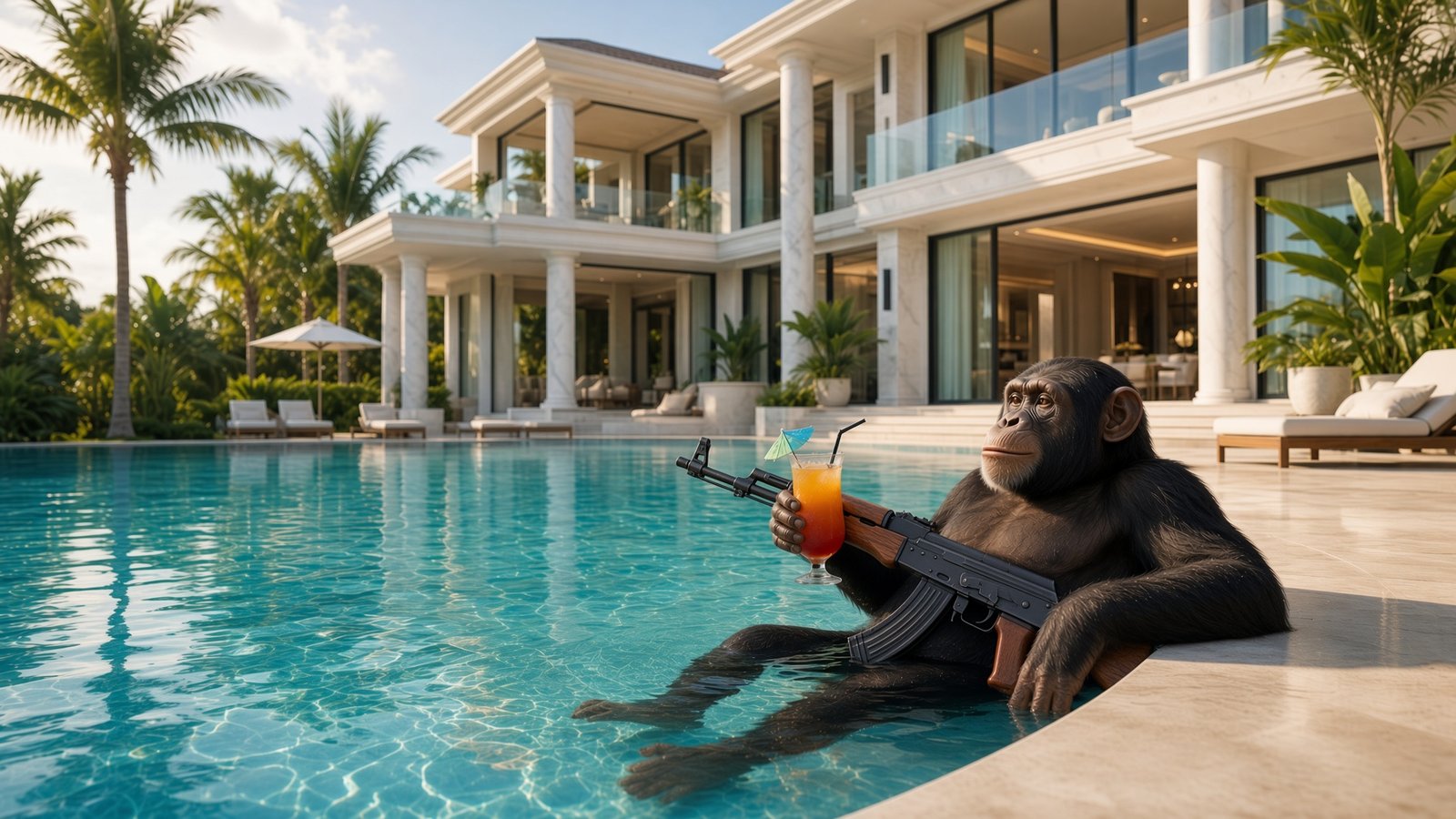 Ape relaxing in an infinity pool with a cocktail and an AK-47